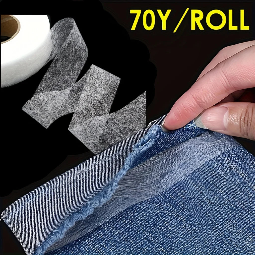 Roll of 70 yards of fusible hem tape being applied to denim fabric for sewing