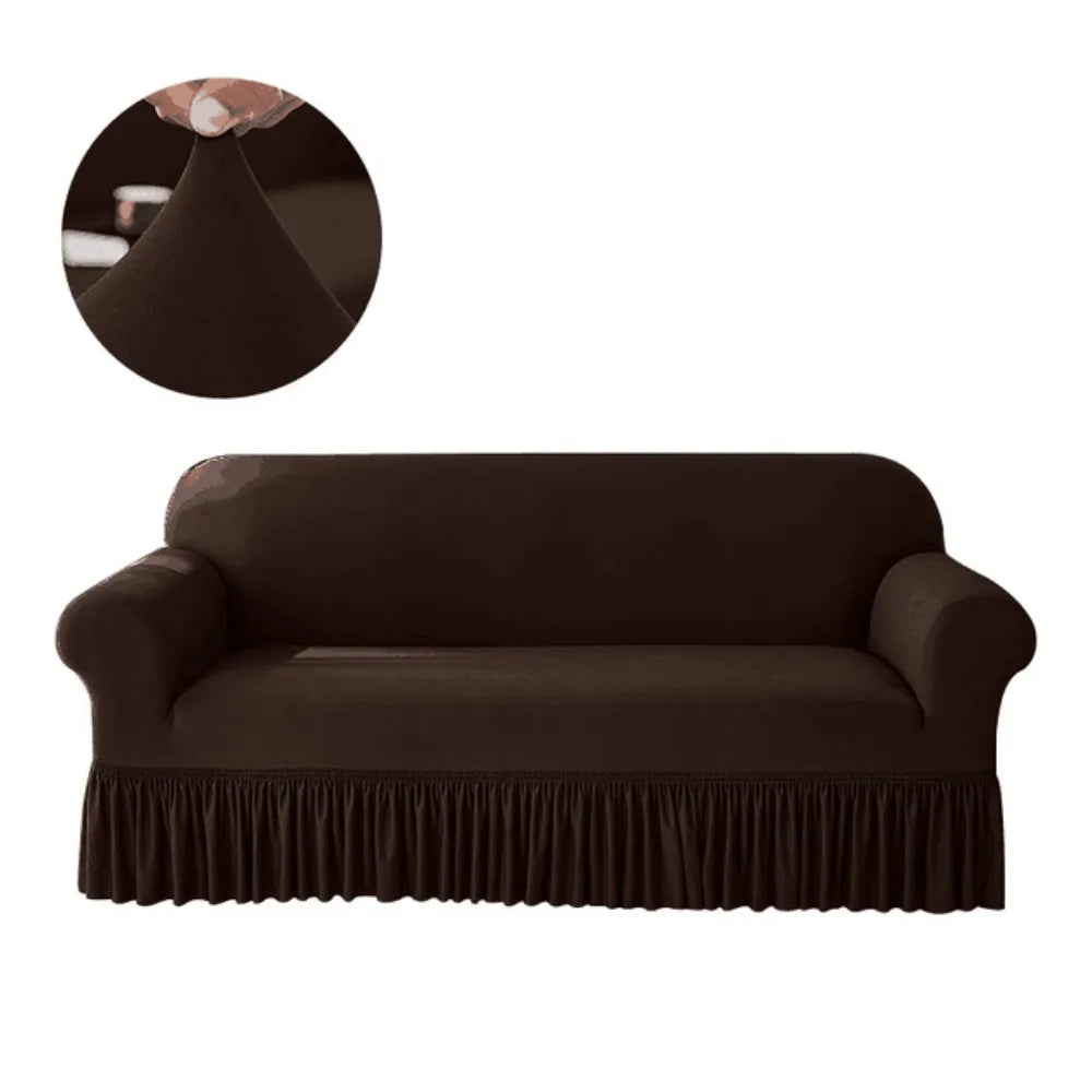A dark brown dustproof stretch sofa slipcover shown in a full view and a close-up of the fabric texture.