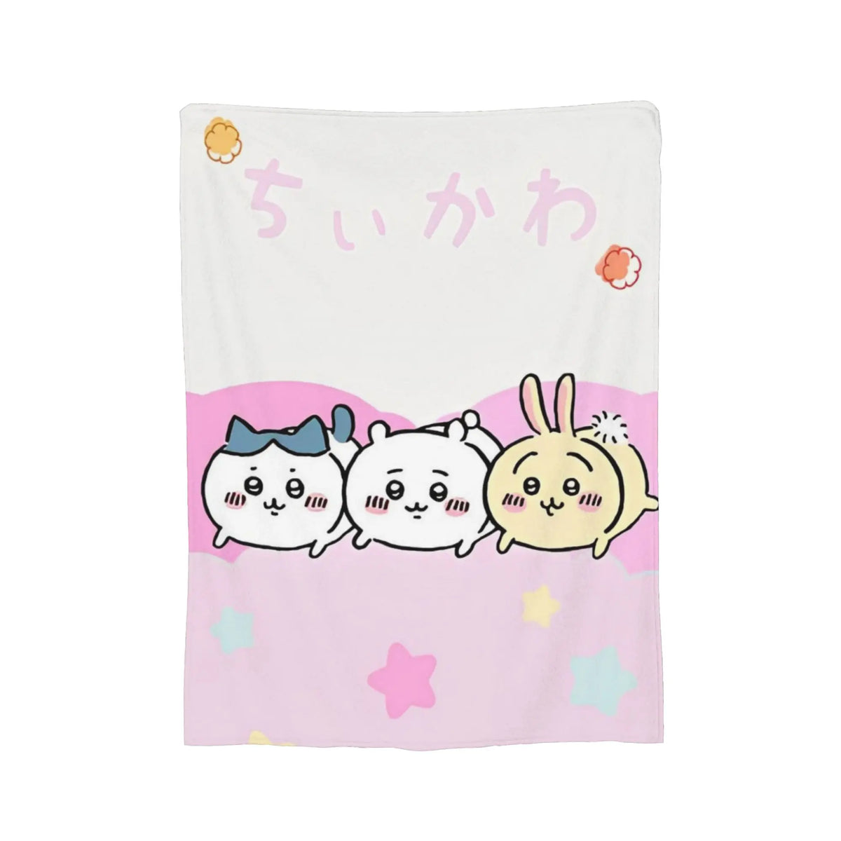 A white flannel throw blanket featuring a cute Chiikawa cartoon illustration with pink and yellow accents.