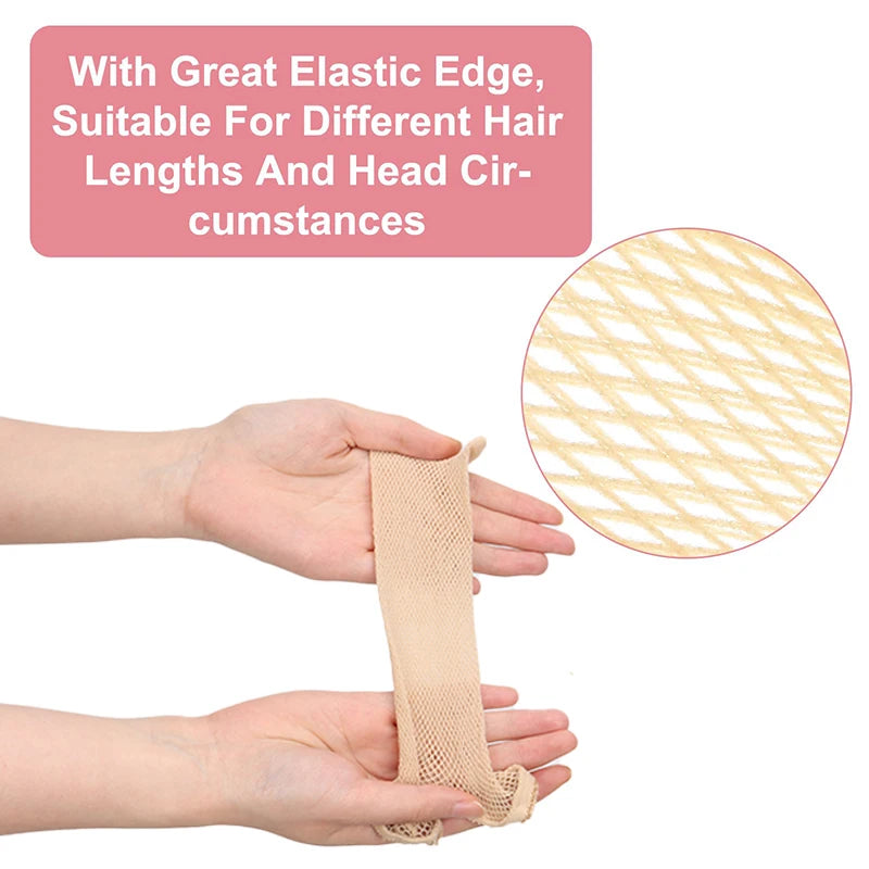 Hands holding a beige breathable fishnet wig cap for natural hair styling