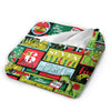A colorful patterned coral fleece throw blanket featuring Christmas-themed numbers and seasonal graphics.
