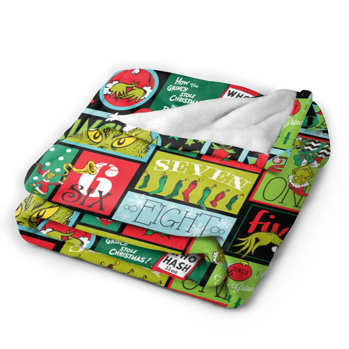 A colorful patterned coral fleece throw blanket featuring Christmas-themed numbers and seasonal graphics.