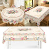 Vintage pink rose sunflower floral tablecloth displayed on a dining table.