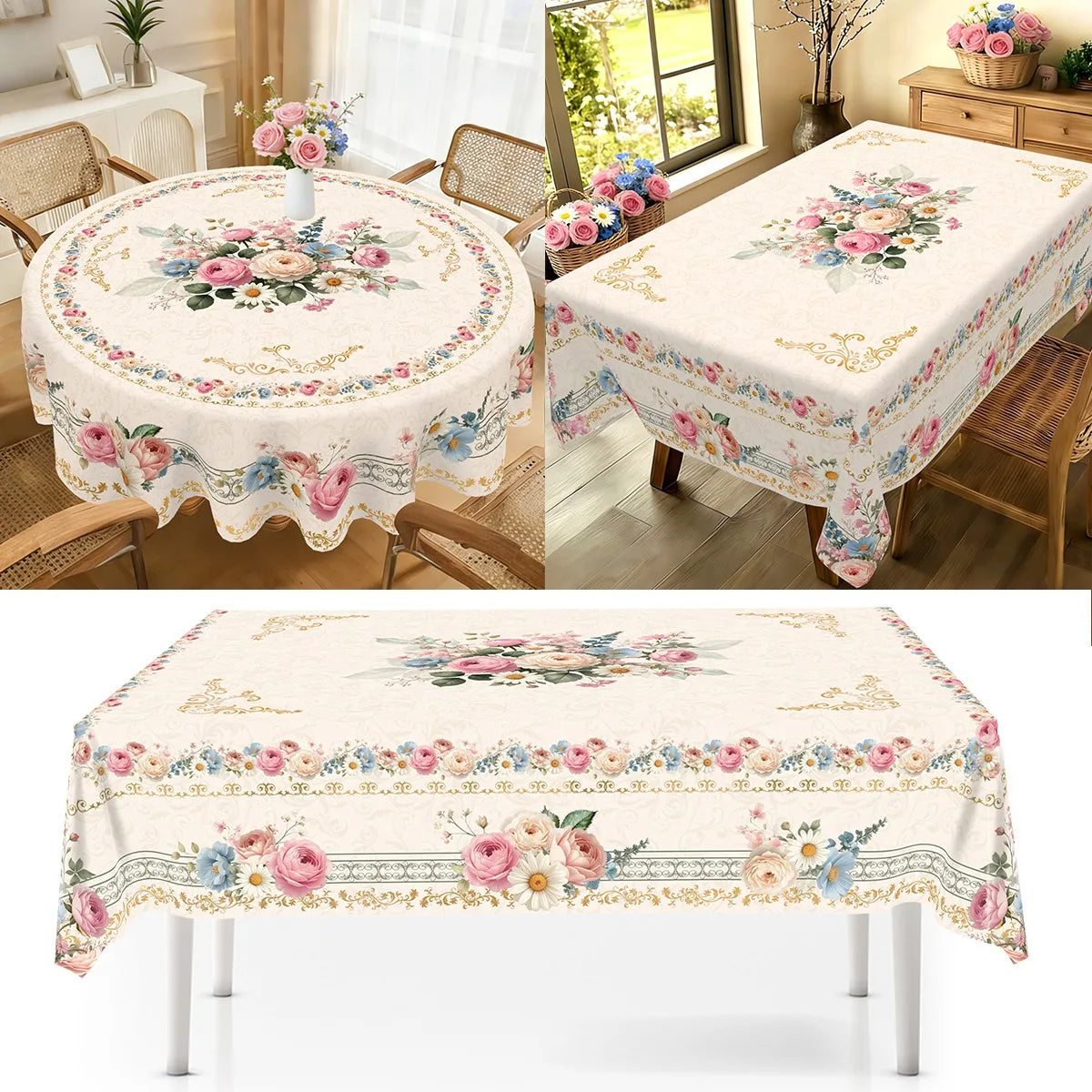 Vintage pink rose sunflower floral tablecloth displayed on a dining table.