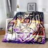 A printed flannel blanket featuring a graphic design of a muscular figure with intense facial features and purple tones.