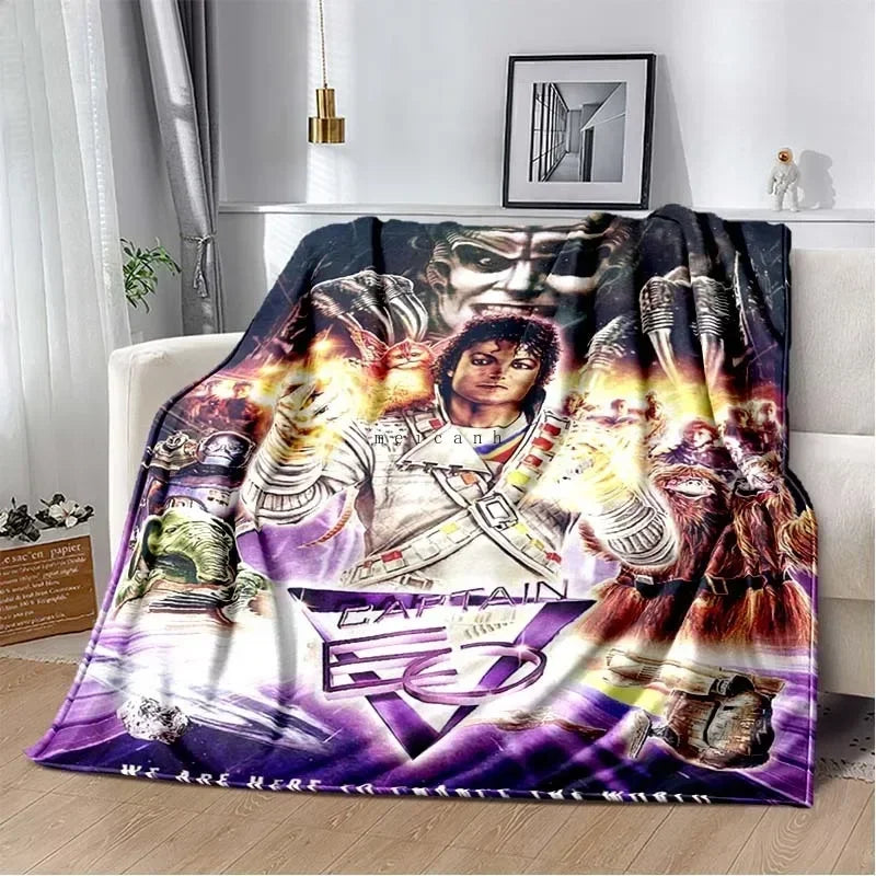 A printed flannel blanket featuring a graphic design of a muscular figure with intense facial features and purple tones.