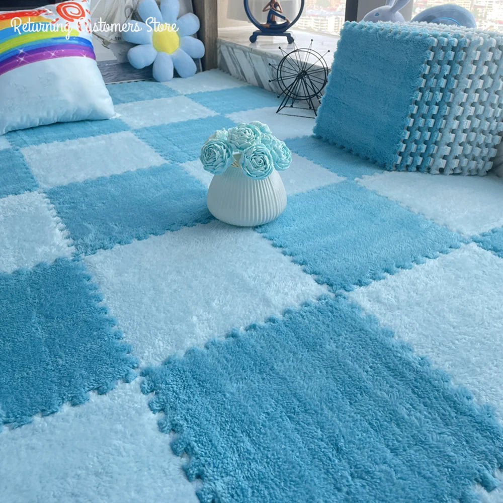 A light blue plush interlocking puzzle rug mat with a diamond pattern and a small white vase on it.