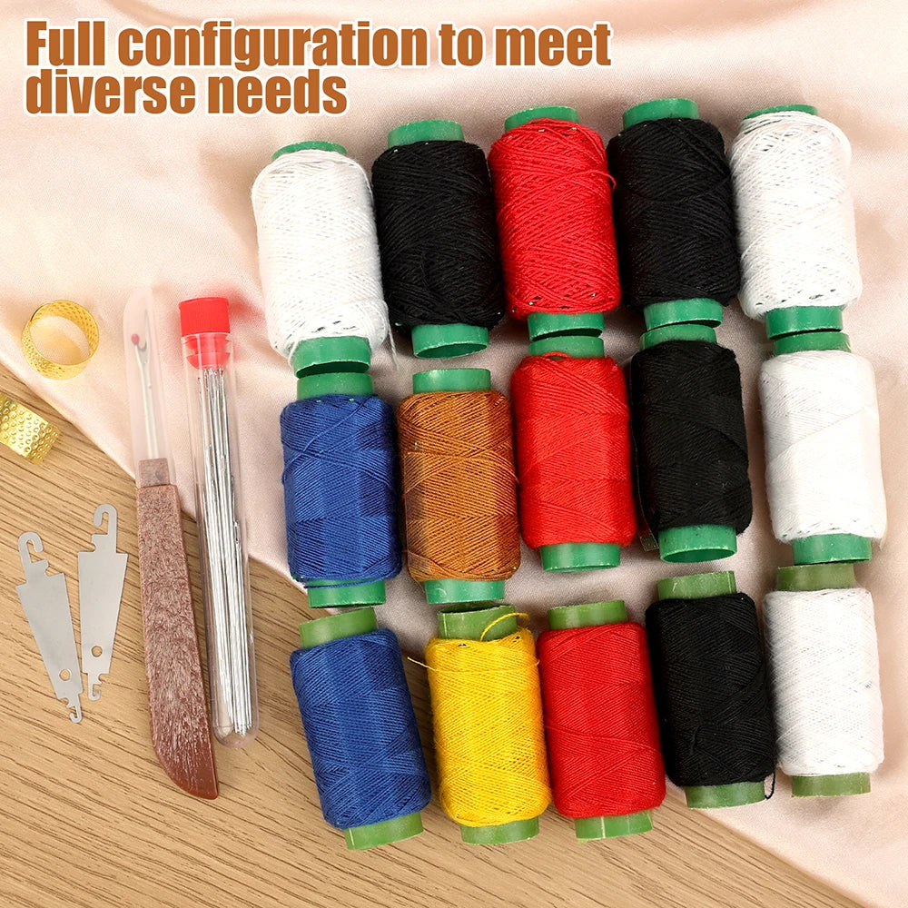 A collection of various colored sewing threads, needles, and a thimble arranged for diverse sewing needs.