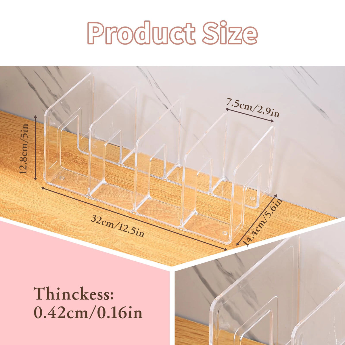 A clear plastic storage organizer with four sections is shown mounted on a wooden surface, illustrating its size and thicknes