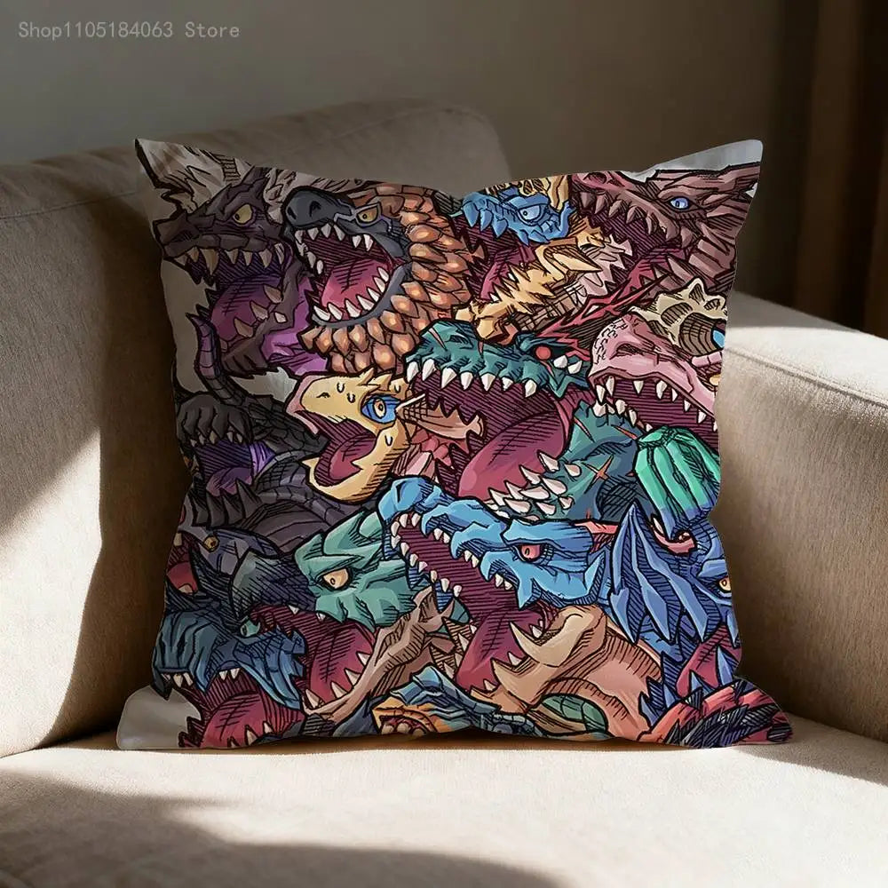 A colorful print pillow cover featuring various anime-style monster faces and teeth.