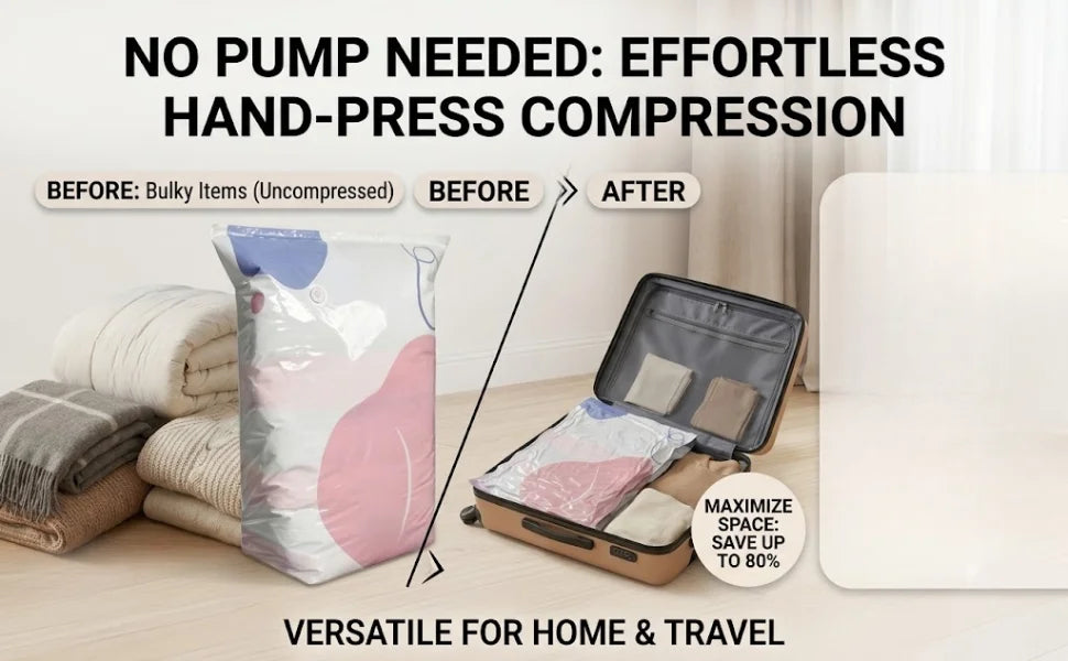 Before and after comparison showing an effortless hand-press compression method for bulky items like bedding.
