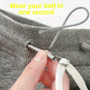 A hand is using an adjustable spring drawstring threader clip to quickly put a belt through a garment.
