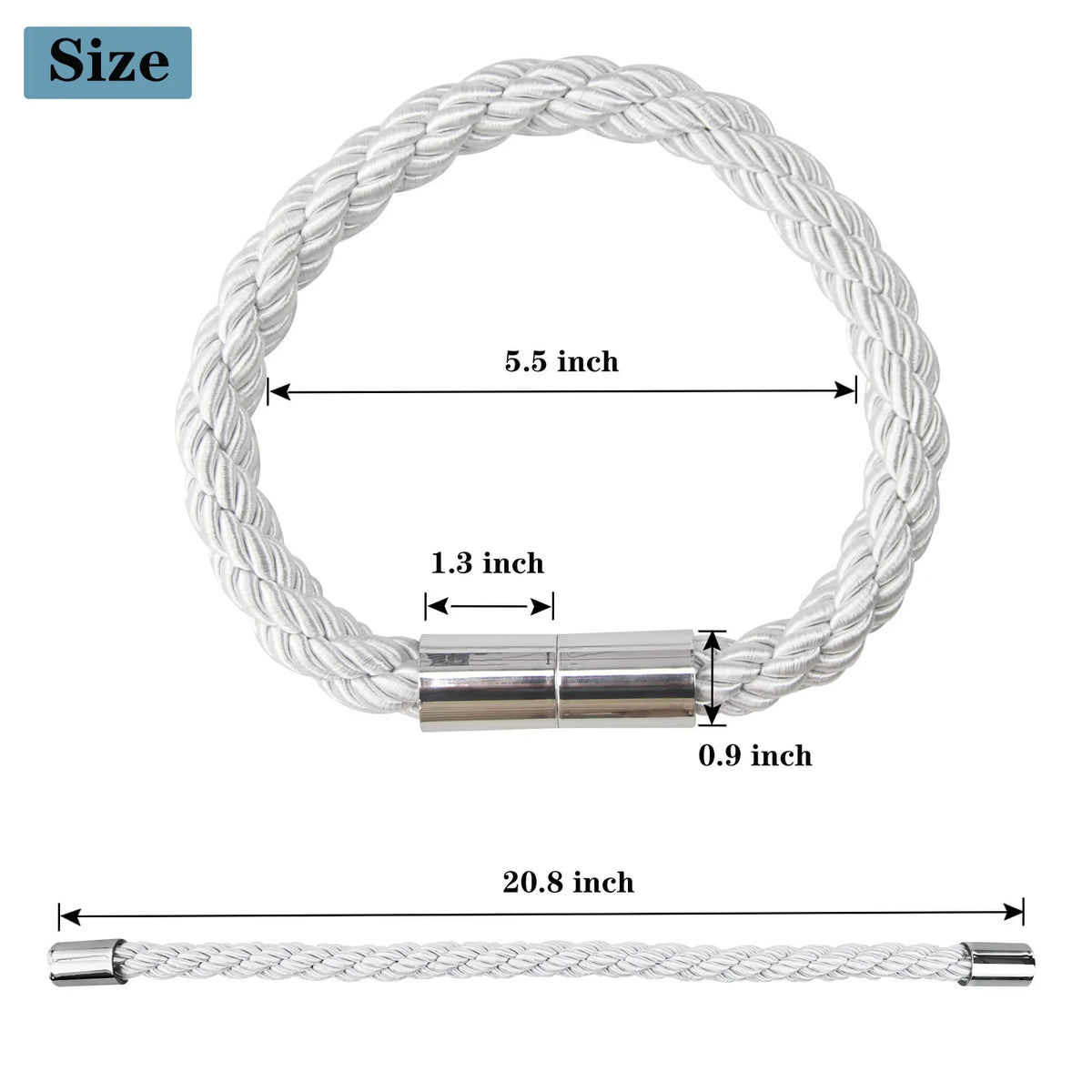 A white braided cord with metal clips is shown, along with a straight length of the same cord.