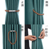 Close-up views of magnetic curtain tieback clips in brown cord and silver metal, showing installation and use on a teal curta
