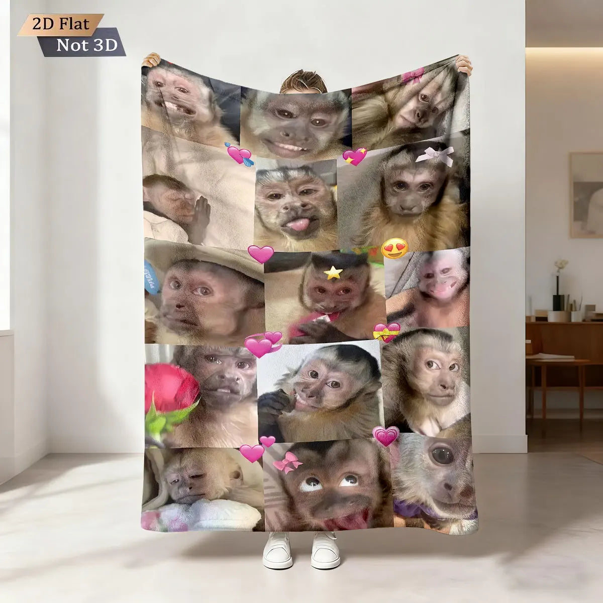 A collage of various monkey faces printed on fabric, displayed as a flat design.