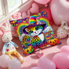 A colorful double-sided printed square pillow cover featuring a cat and rainbow design surrounded by pink balloons.