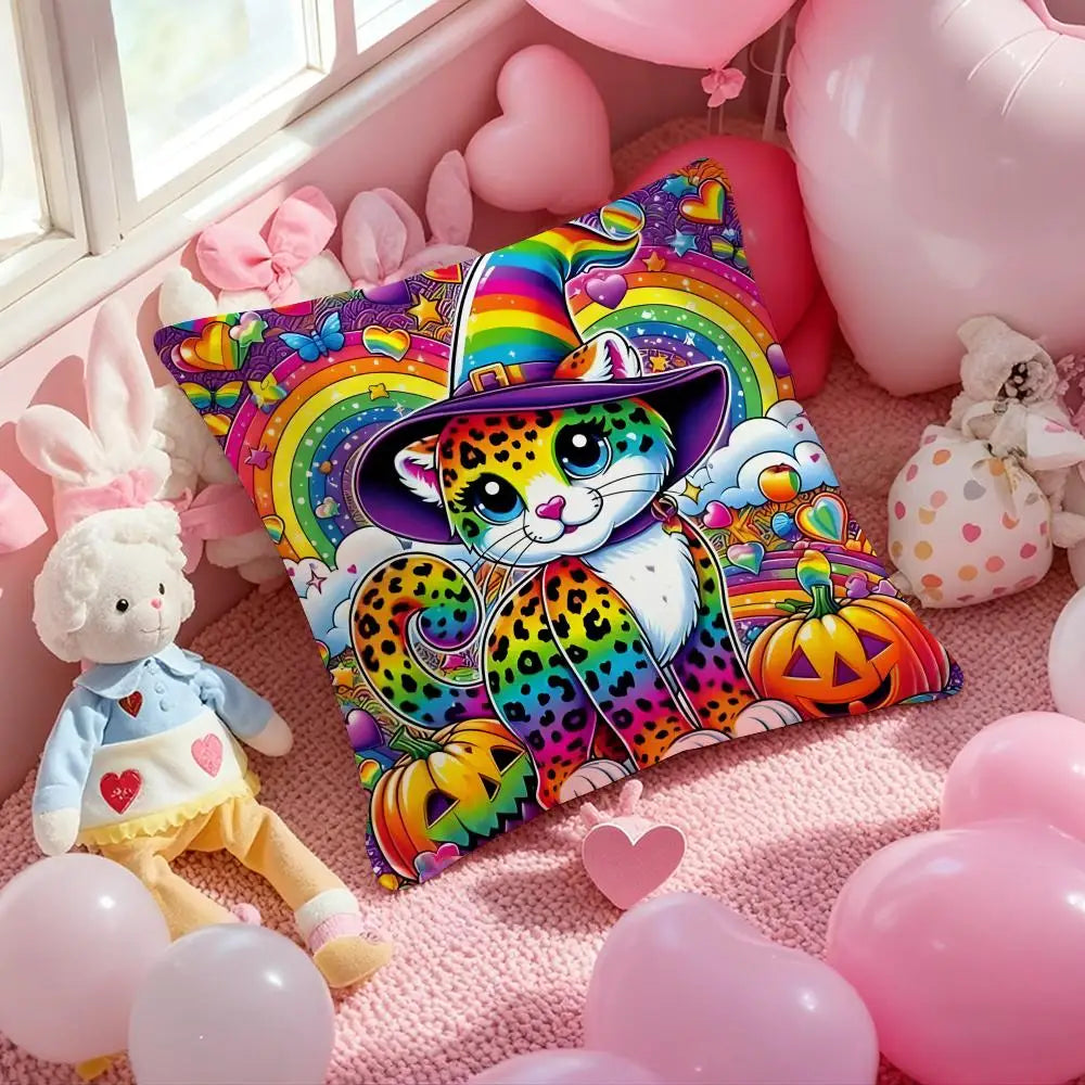A colorful double-sided printed square pillow cover featuring a cat and rainbow design surrounded by pink balloons.