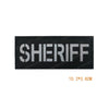 Black embroidered patch with the word SHERIFF on it, measuring 10.2 x 3.8 cm.