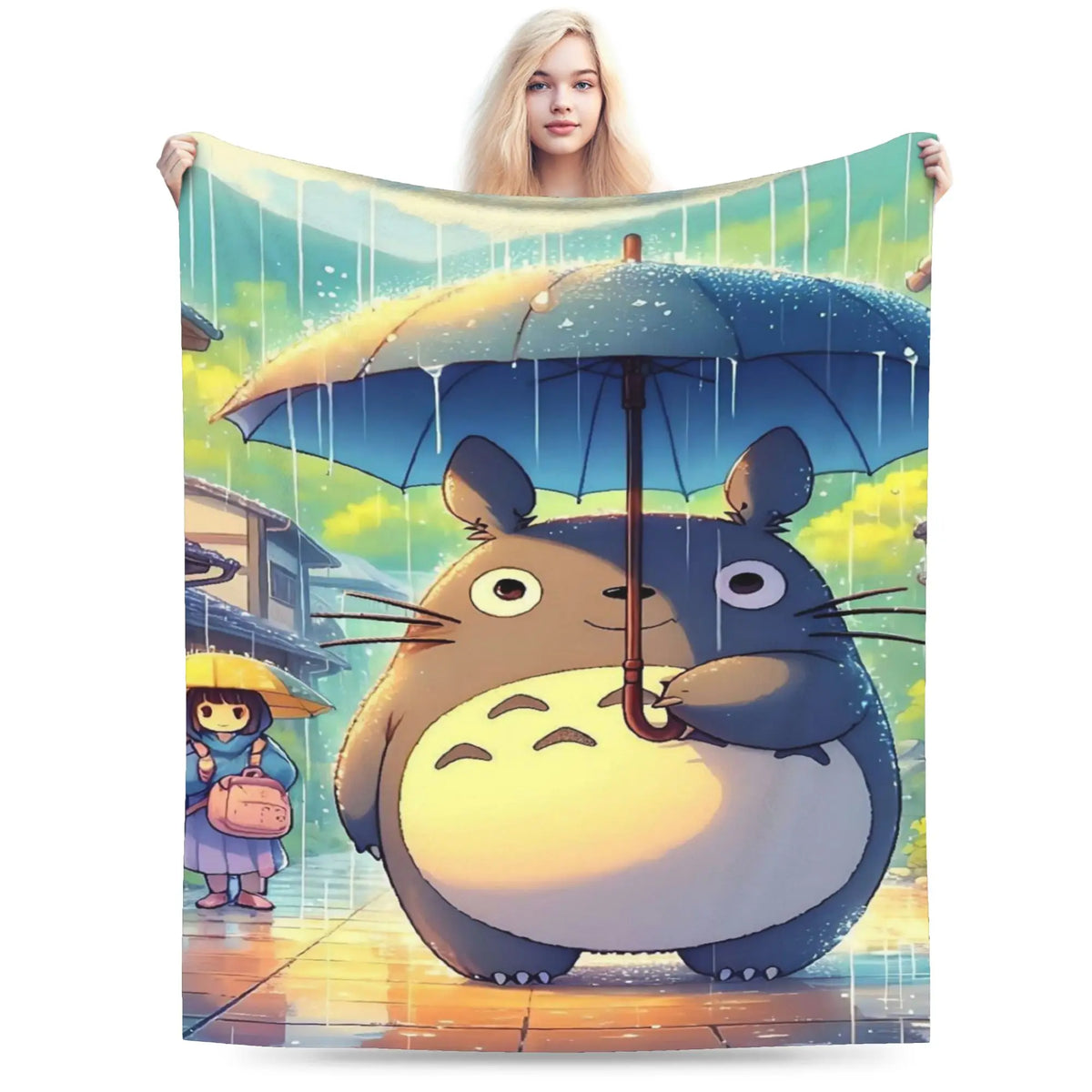A watercolor illustration of the Totoro character standing under an umbrella in a rainy outdoor setting.