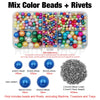 A box of mixed color beads and rivets including various sizes and colors for crafting projects