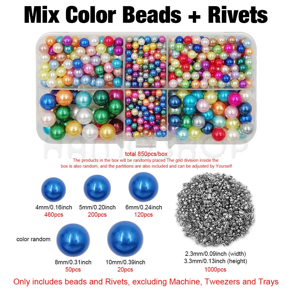 A box of mixed color beads and rivets including various sizes and colors for crafting projects