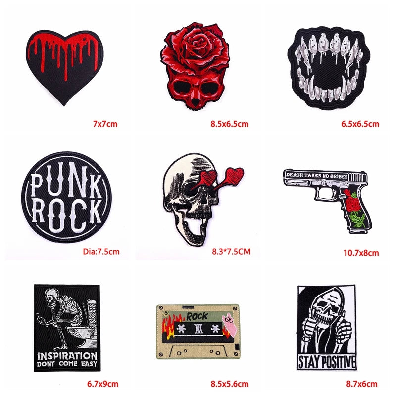 A collection of black embroidery patches featuring skulls, roses, and text like Punk Rock and Stay Positive.