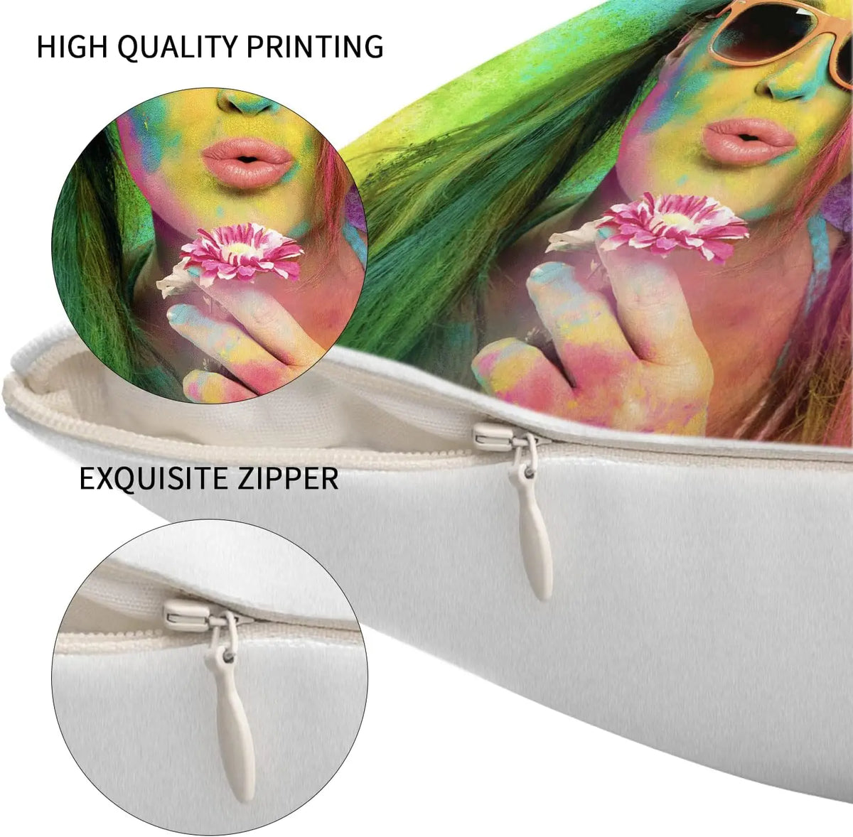 Close-up of a white zippered pillow cover featuring high quality printing with vibrant colorful floral designs.