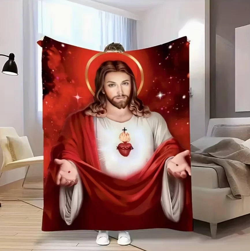 A large print featuring a depiction of Sacred Heart Jesus with a halo, wearing a red robe and holding a flaming heart.