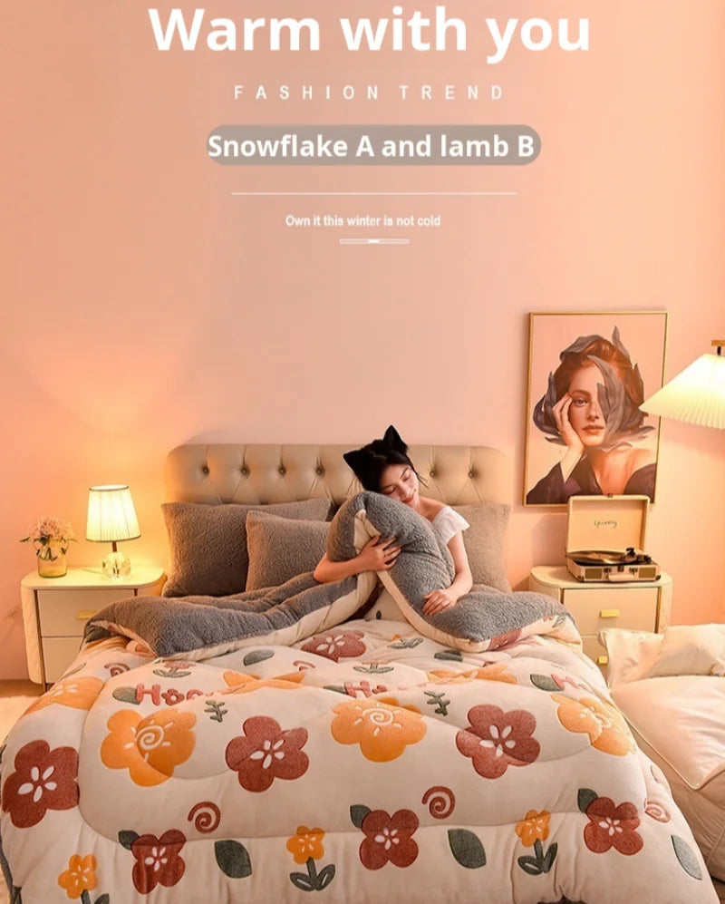 A cozy bedroom scene featuring a woman relaxing on a bed with a thickened velvet lamb wool blanket.