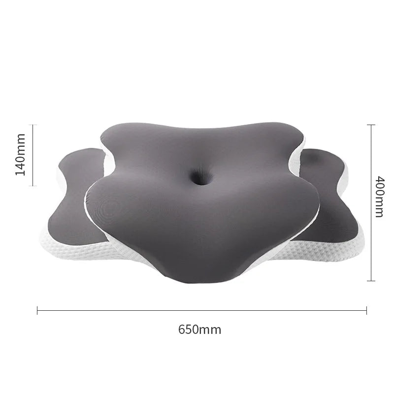 Gray ergonomic memory foam cervical pillow with white textured lining and measurements.