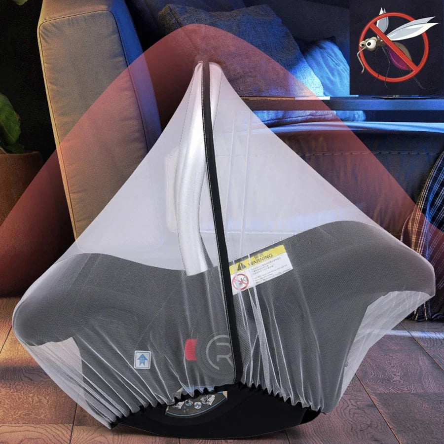 A folded universal mosquito net for baby stroller and car seat shown against a dark background.