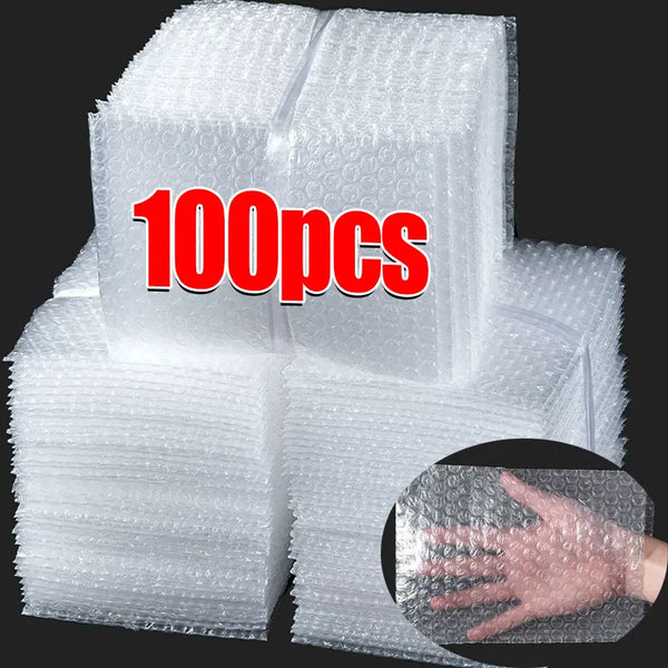A stack of 100 clear bubble mailers for shipping, showing a close-up of the product texture.