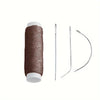 A spool of brown hair extension weft threads with accompanying tools like tweezers and a curved tool.