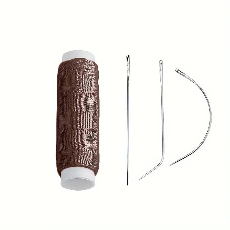 A spool of brown hair extension weft threads with accompanying tools like tweezers and a curved tool.