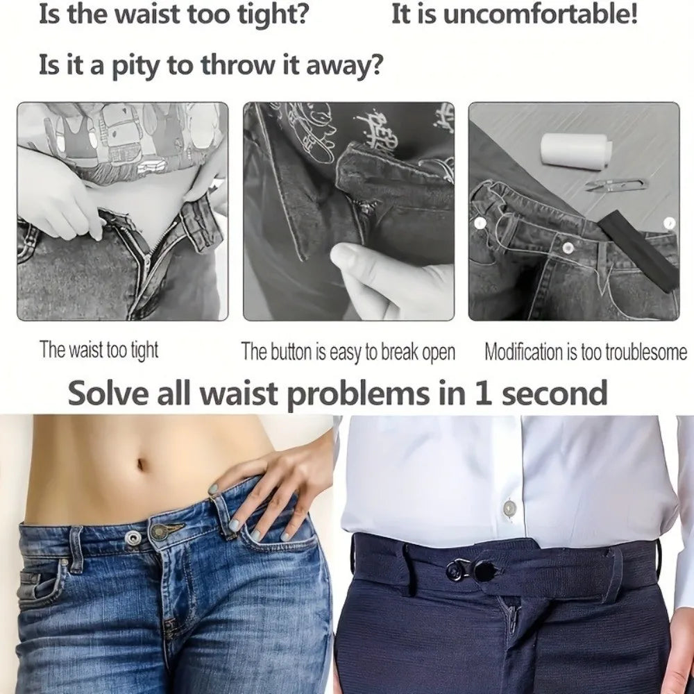 A close-up of dark blue denim jeans showing a metal waistband extender being used to adjust the fit.