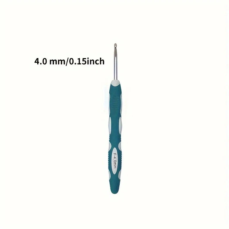 A single 4.0 mm crochet hook with an ergonomic handle in teal color.