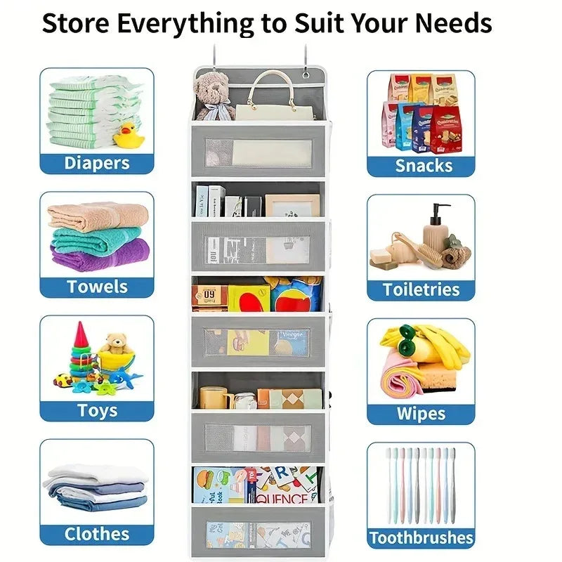 A 5-shelf hanging storage organizer displaying various household items like diapers, towels, snacks, toiletries, and wipes.