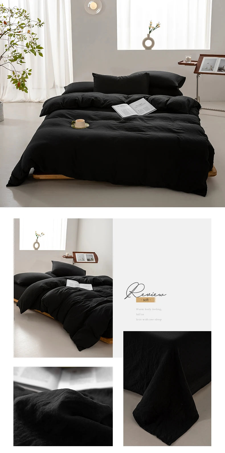 A black minimalist duvet cover with a simple design displayed on a bed.