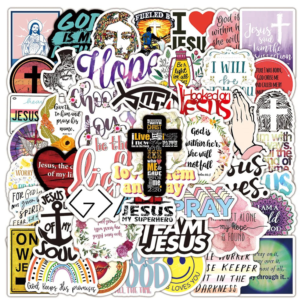 A collection of inspirational decals featuring phrases like I love Jesus hope and God is with me
