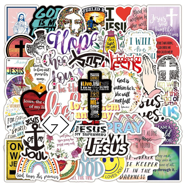 A collection of inspirational decals featuring phrases like I love Jesus hope and God is with me