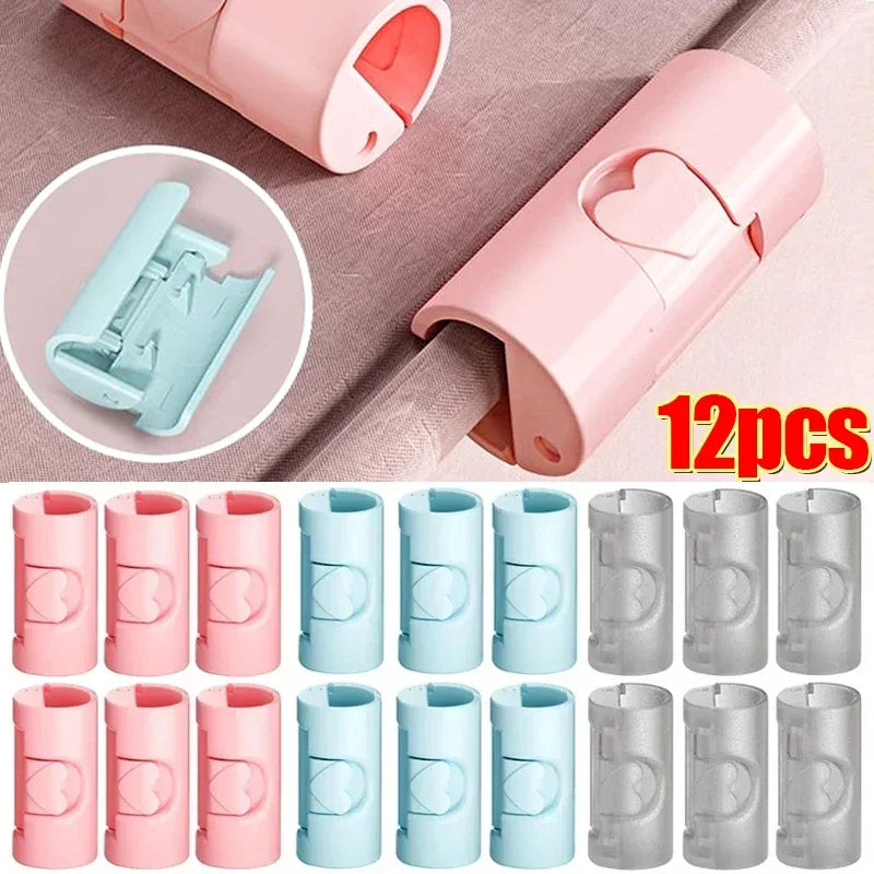 A set of 12 pink and light blue non-slip bed sheet grippers with adjustable clips shown in various forms.