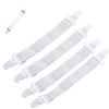 A set of white adjustable bed sheet and quilt holders with elastic straps.