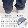 Before and after comparison showing invisible edge clips used for adjusting pants hems