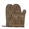 A pair of brown and black leopard print heat resistant oven and microwave gloves.