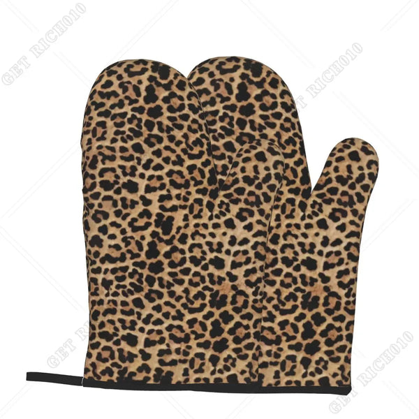 A pair of brown and black leopard print heat resistant oven and microwave gloves.