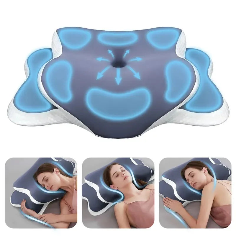 Ergonomic memory foam cervical pillow shown in various angles with a woman using it for neck pain relief.