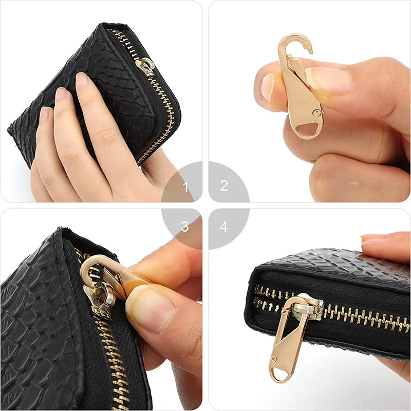 A close-up of a black crocodile leather wallet showing the zipper repair kit and metal sliders.