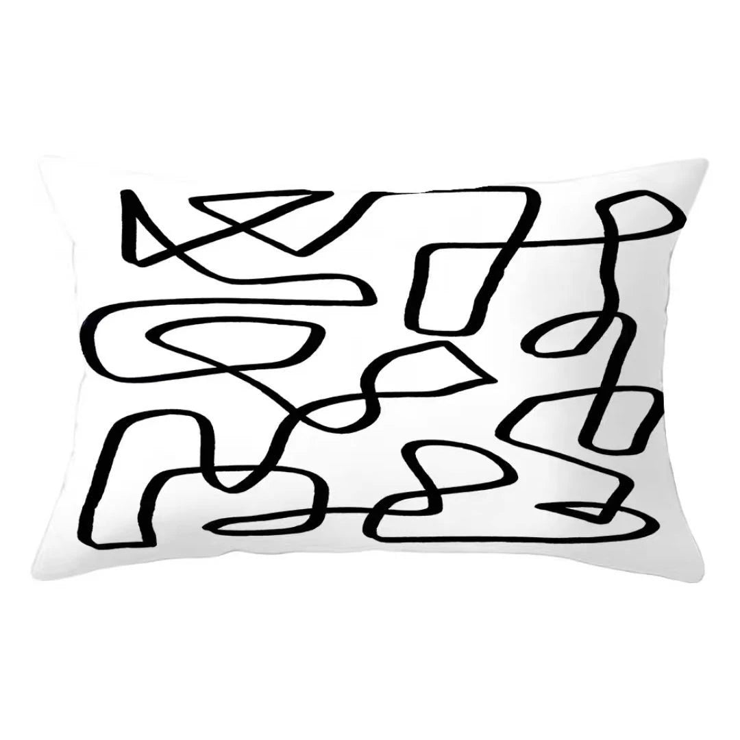 A minimalist black and white decorative pillow cover featuring abstract, flowing line patterns.