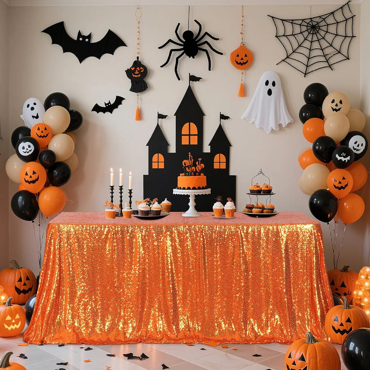 An orange sequin rectangle table cover is set up for a Halloween party display with pumpkins and spider decorations.