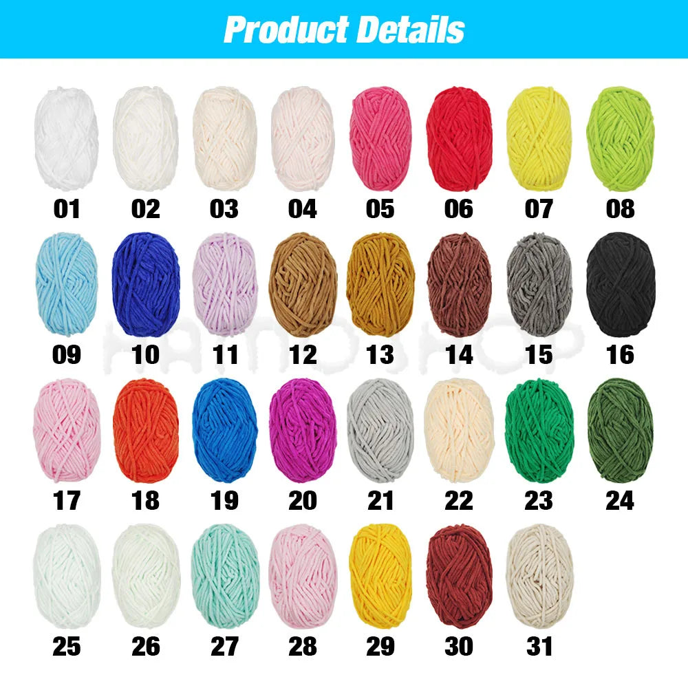 A grid displaying 31 colors of soft velvet chenille yarn for crafting, arranged in rows and columns.